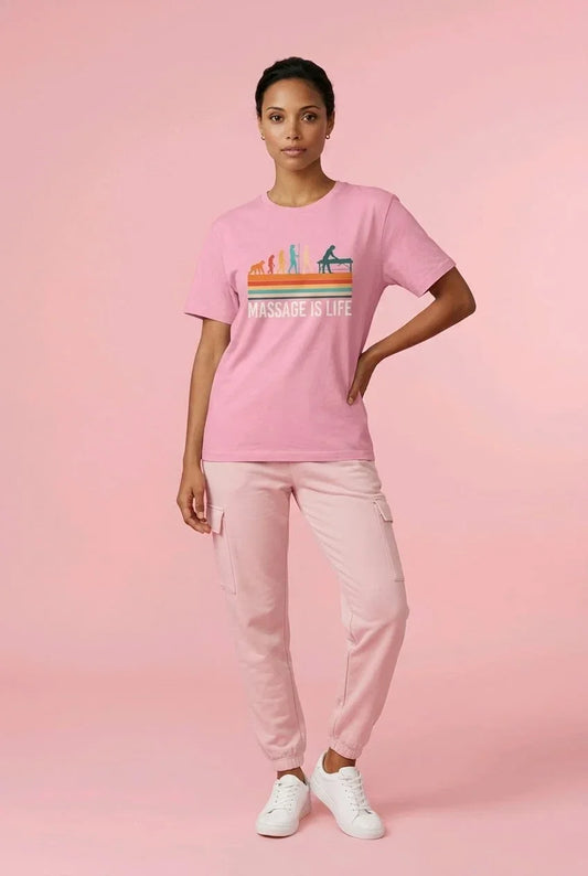 T-shirt rose bio Massage Is Life avec imprimé rétro, style bien-être et confort doux