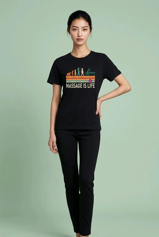 T-shirt noir bio Massage Is Life avec imprimé évolution rétro, style bien-être et lifestyle doux
