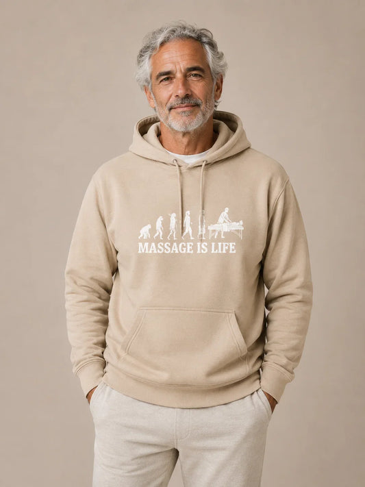 Sweat à capuche bio Massage Is Life avec imprimé évolution, style bien-être et lifestyle doux