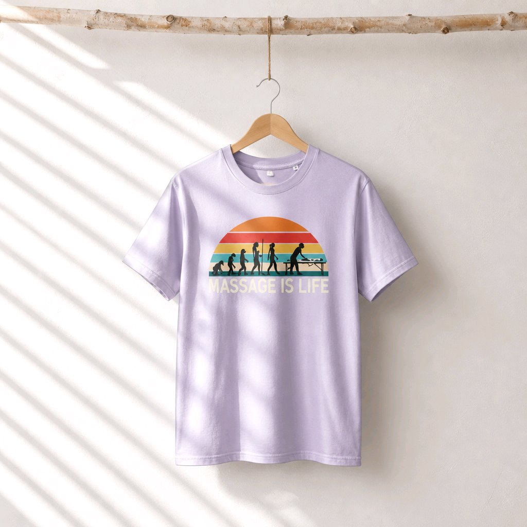 T-shirt bio violet Massage Is Life avec imprimé évolution et coucher de soleil, suspendu à une branche.