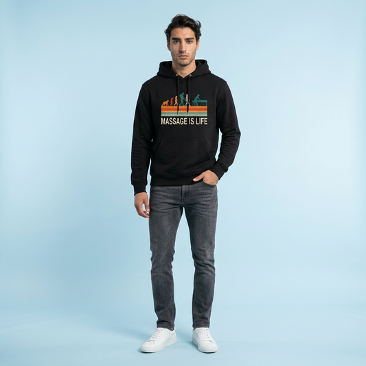 Hoodie noir bio Massage Is Life avec imprimé évolution du massage, style lifestyle bien-être