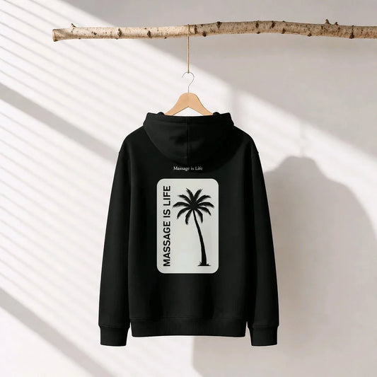 Sweat à capuche bio Massage Is Life avec palmier, design bien-être et lifestyle doux