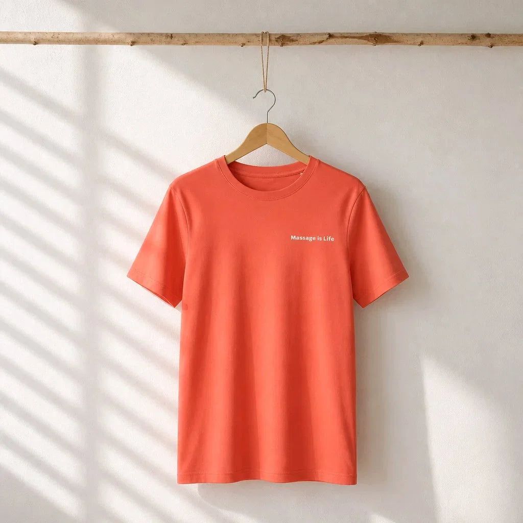 T-shirt orange bio Massage Is Life, suspendu sur cintre en bois, lumière naturelle