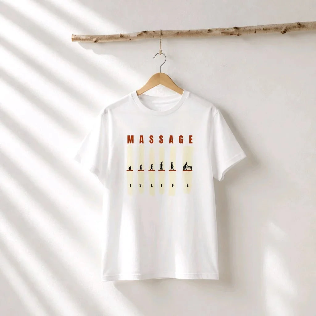 T-shirt bio blanc Massage Is Life avec graphisme évolution vers le massage, suspendu sur cintre bois