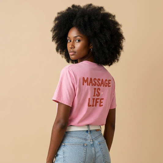 T-shirt rose bio Massage Is Life, dos imprimé, style bien-être et lifestyle