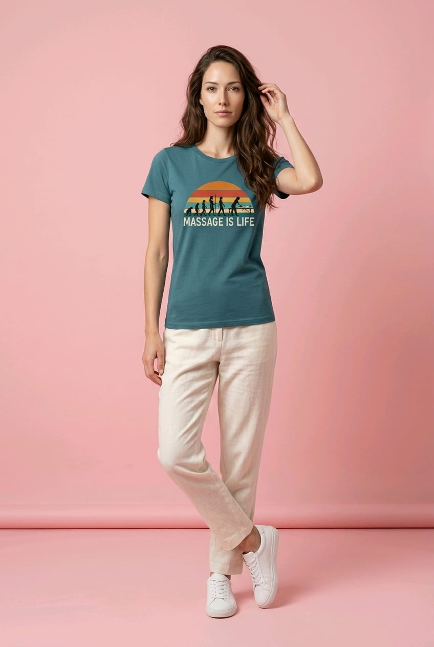 T-shirt bio Massage Is Life avec imprimé évolution soleil couchant, style doux et lifestyle bien-être