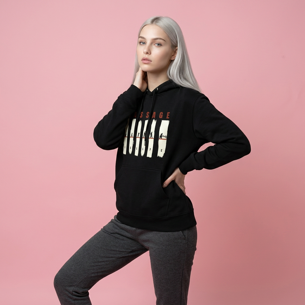Sweat à capuche noir bio Massage Is Life avec imprimé graphique, style bien-être et lifestyle