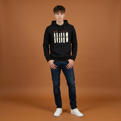 Sweat à capuche noir bio Massage Is Life, design graphique, look lifestyle bien-être