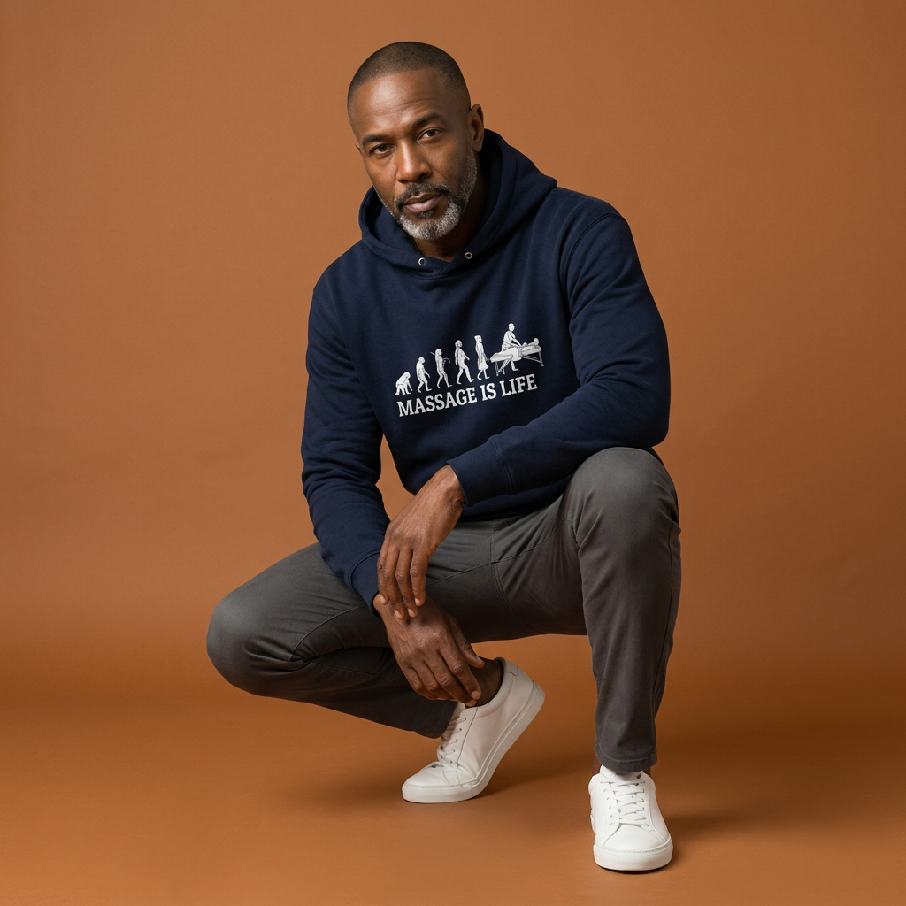 Hoodie bleu marine bio avec imprimé 'Massage Is Life' et évolution humoristique, style bien-être et lifestyle.