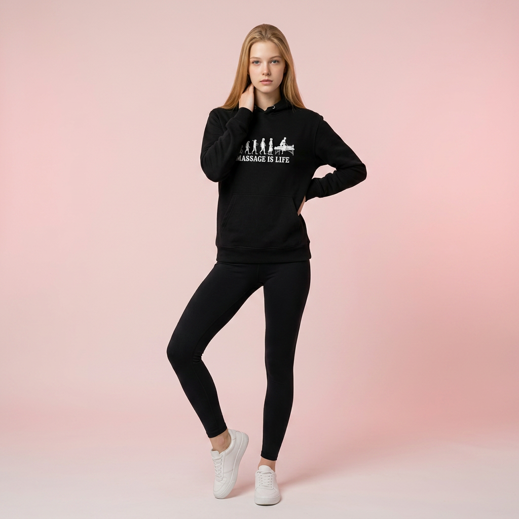 Sweat à capuche noir bio Massage Is Life, imprimé évolution du massage, look confort lifestyle