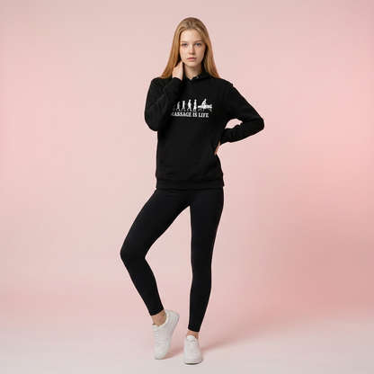 Sweat à capuche noir bio Massage Is Life, imprimé évolution du massage, look confort lifestyle