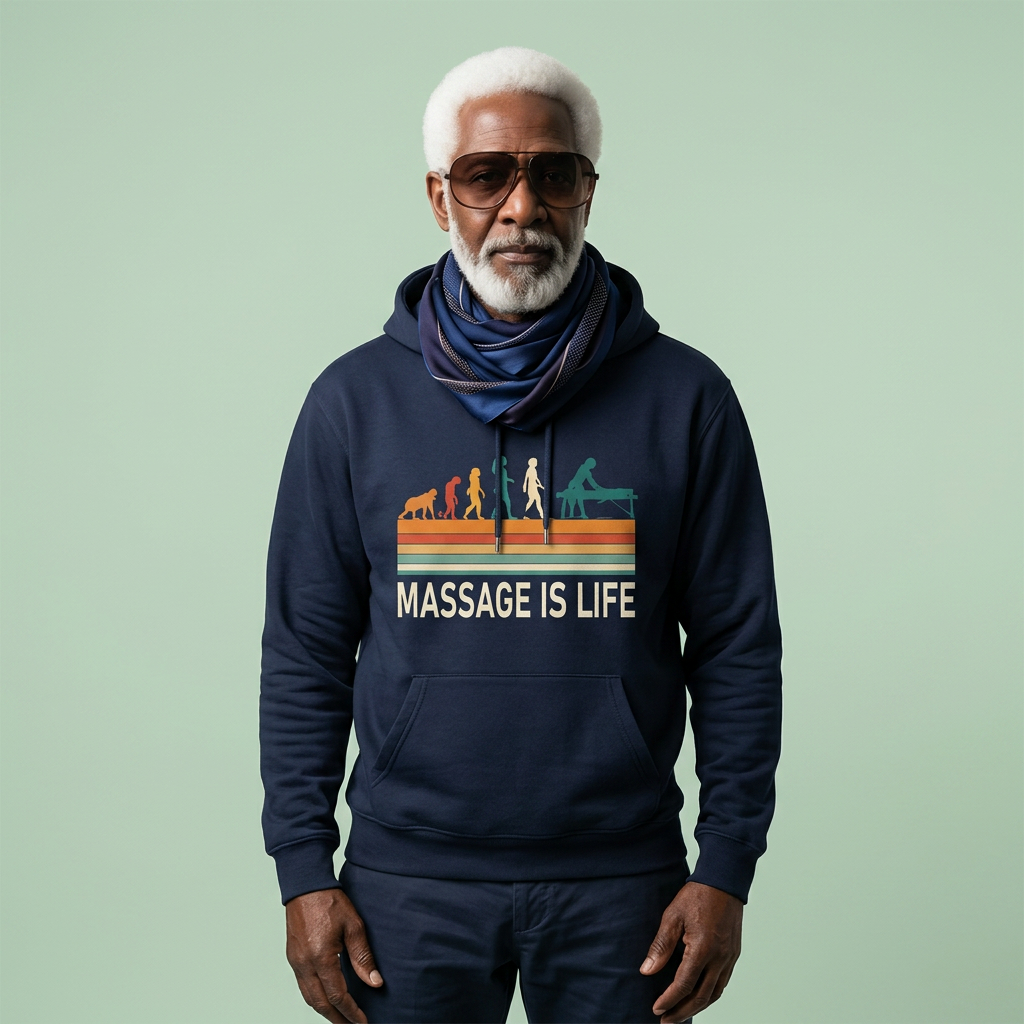 Hoodie bleu marine bio avec imprimé 'Massage Is Life' et évolution stylisée, pour un style bien-être et lifestyle.