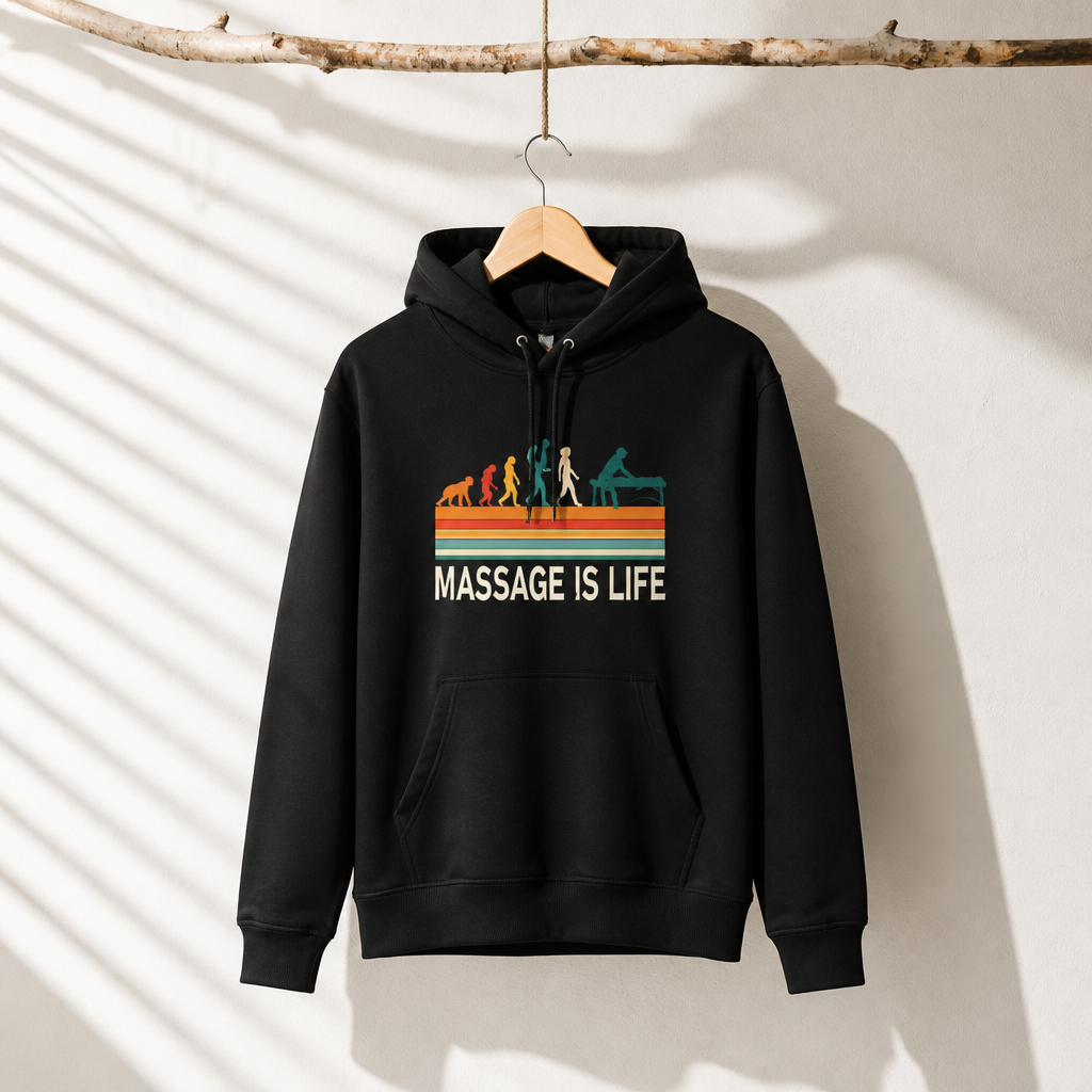 Sweat à capuche noir bio Massage Is Life, design évolution rétro, suspendu sur cintre en bois