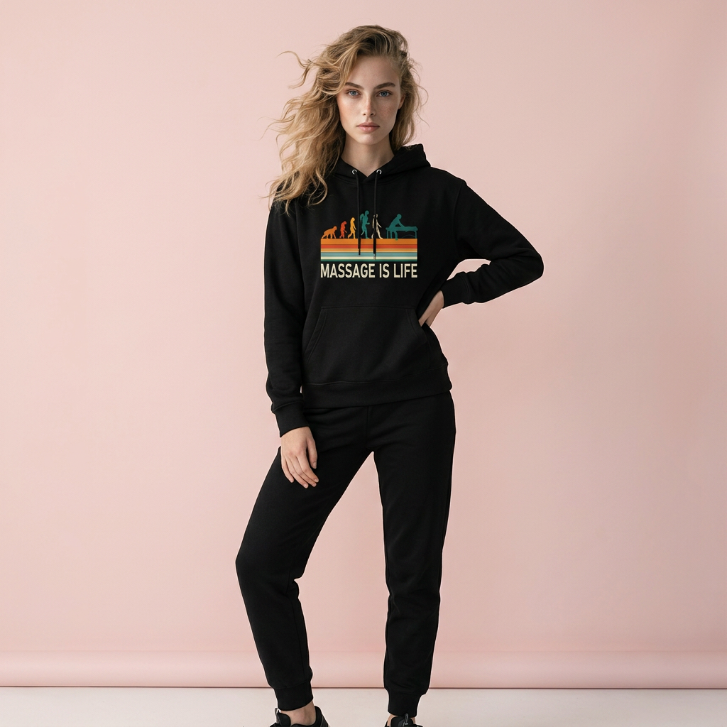 Sweat à capuche noir bio Massage Is Life avec imprimé rétro, style bien-être et lifestyle doux