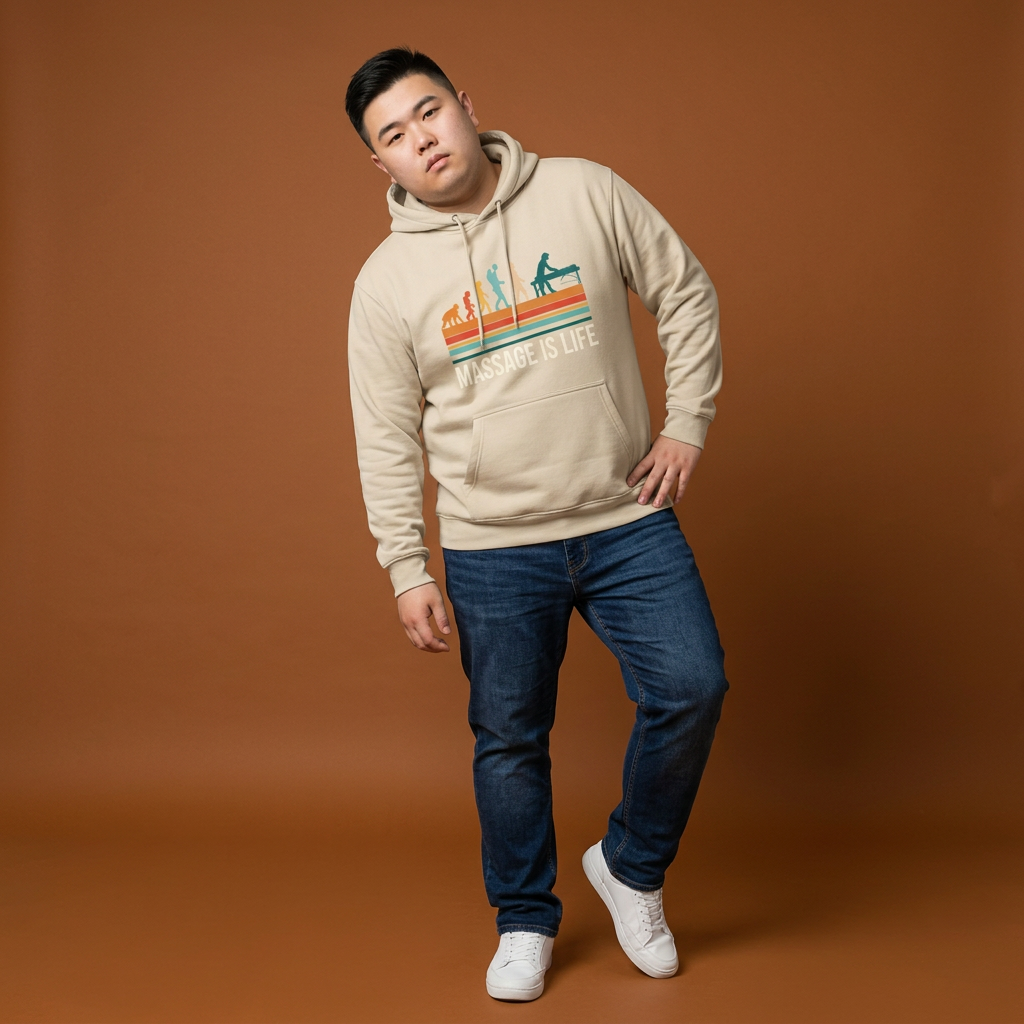 Hoodie bio beige 'Massage Is Life' avec imprimé rétro, style bien-être et lifestyle doux