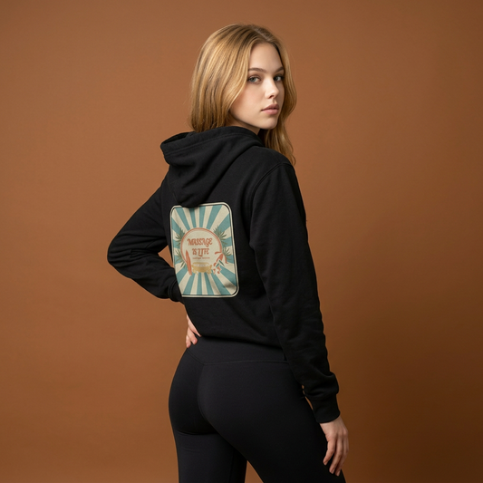 Sweat à capuche bio Massage Is Life, dos imprimé soleil et palmiers, style bien-être et lifestyle