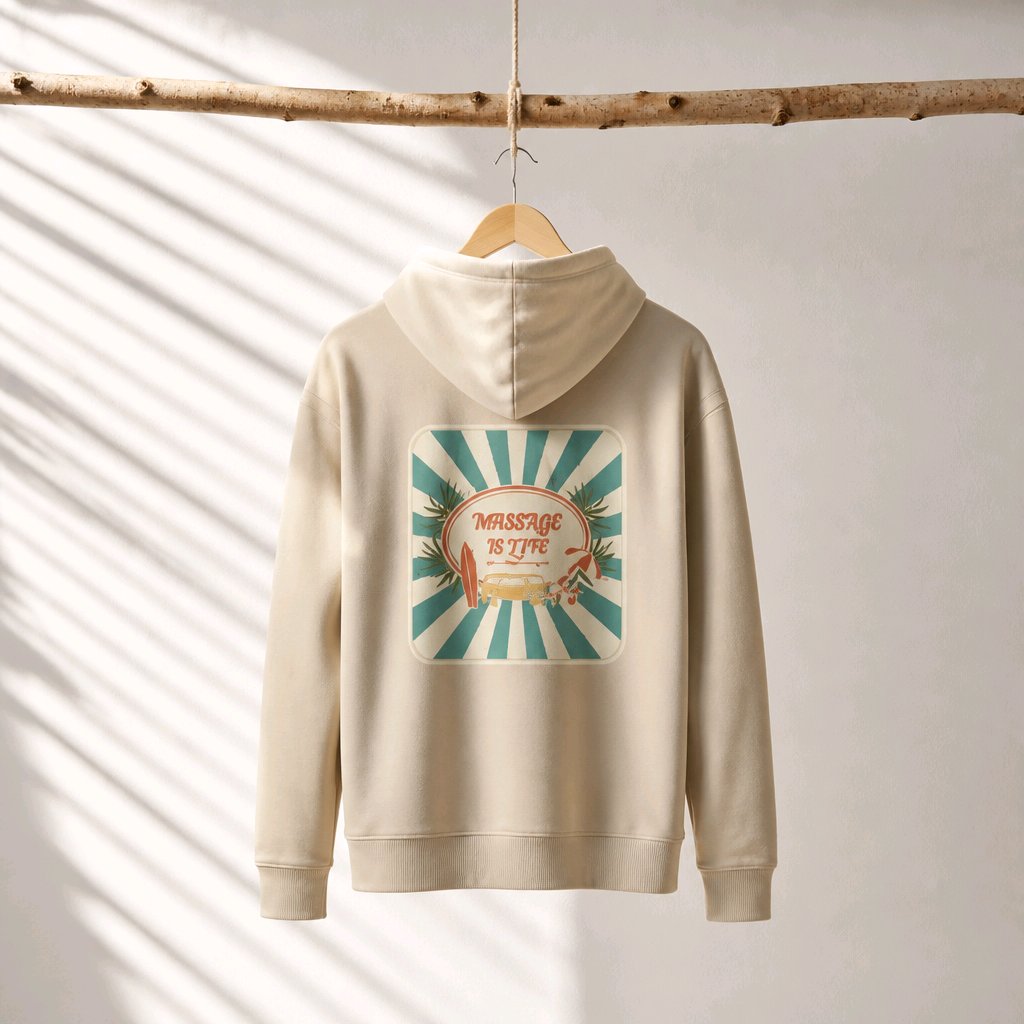 Sweat à capuche bio beige avec logo 'Massage Is Life', design soleil et palmiers, suspendu à une branche