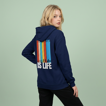 Sweat à capuche bleu marine bio Massage Is Life avec imprimé arc-en-ciel et silhouettes, style bien-être