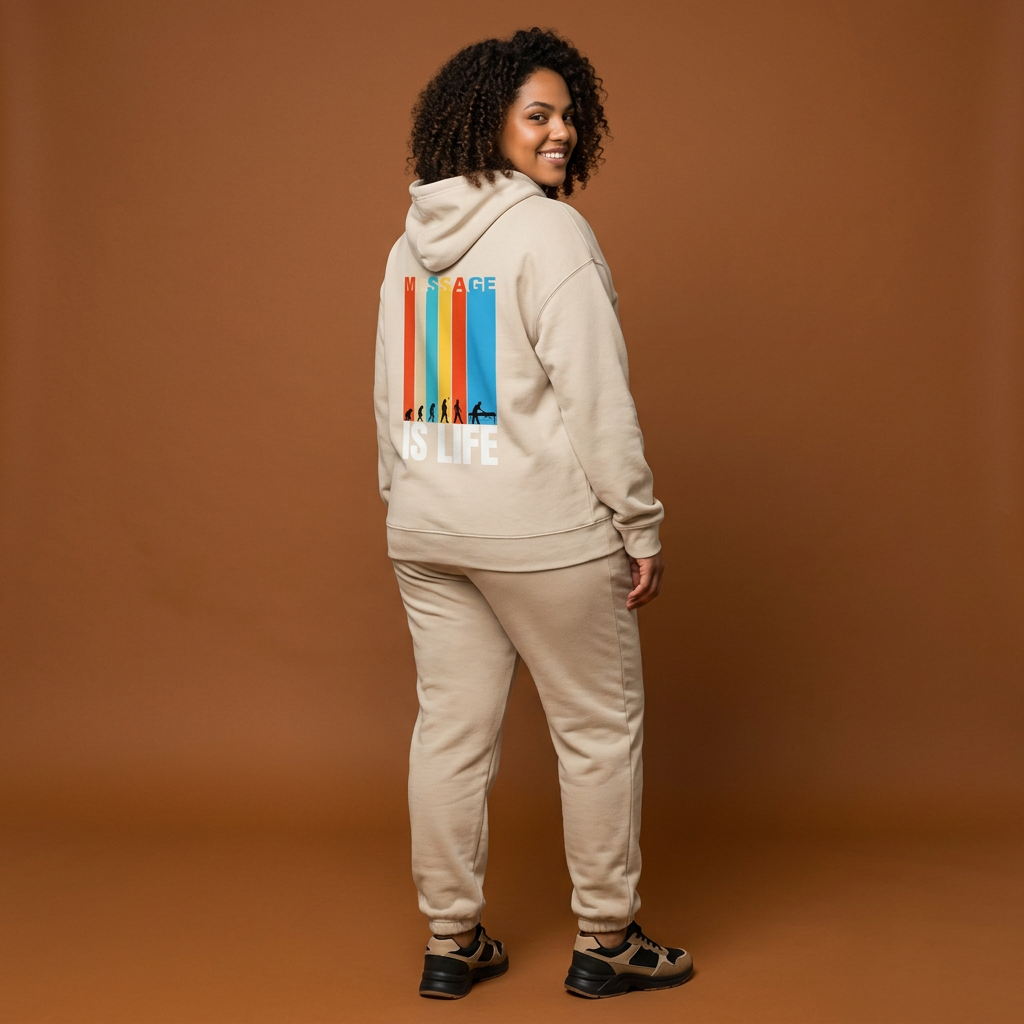 Sweat à capuche bio Massage Is Life avec imprimé arc-en-ciel et silhouette, style bien-être et lifestyle