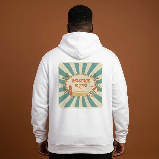 Sweat à capuche blanc bio avec logo Massage Is Life, design rétro surf et palmiers, style bien-être.