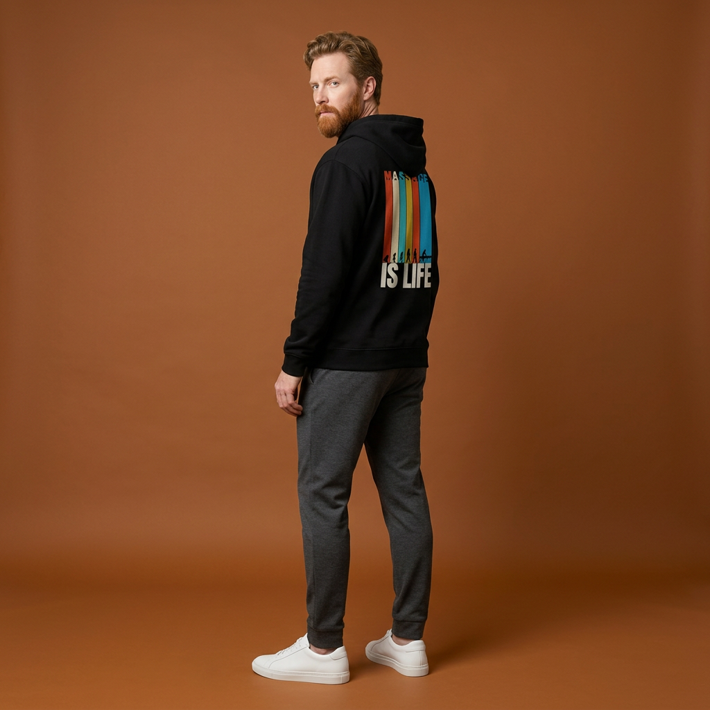 Sweat à capuche noir bio Massage Is Life avec imprimé coloré dos, style bien-être et lifestyle