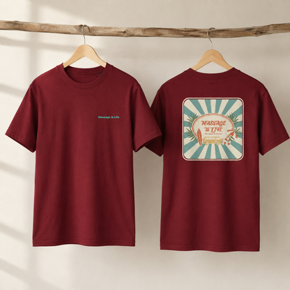 T-shirt bio bordeaux Massage Is Life, face et dos avec imprimé rétro bien-être