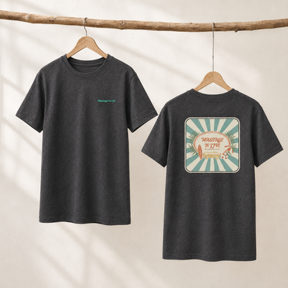 T-shirt bio Massage Is Life, design rétro surf et palmiers, coupe oversize, idéal bien-être et lifestyle