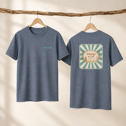 T-shirt bio Massage Is Life, dos imprimé rétro surf et palmiers, devant discret, style bien-être