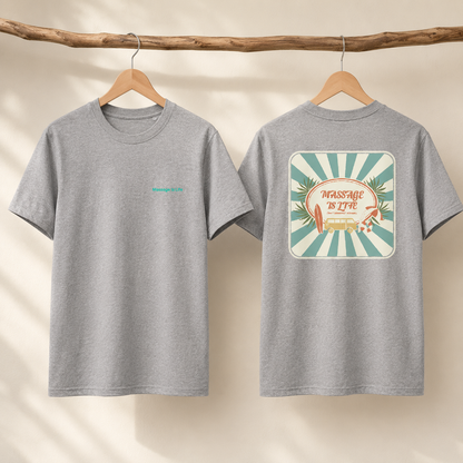 T-shirt gris bio Massage Is Life, devant discret, dos graphique rétro avec van et palmiers