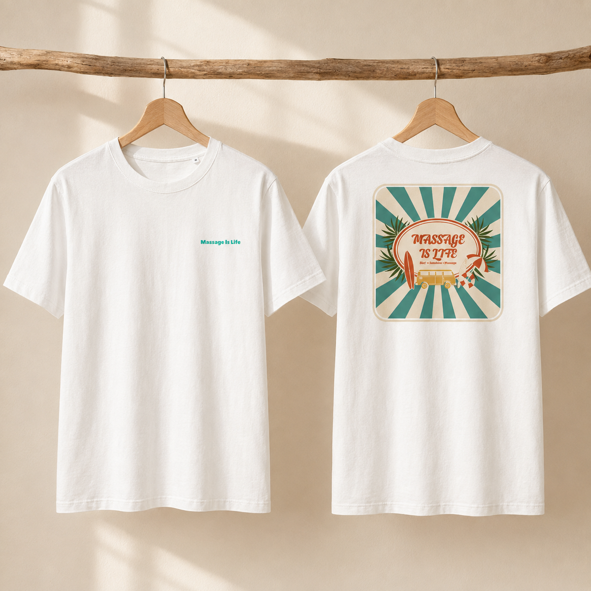 T-shirt blanc bio Massage Is Life, devant discret et dos graphique rétro surf-santé-bien-être
