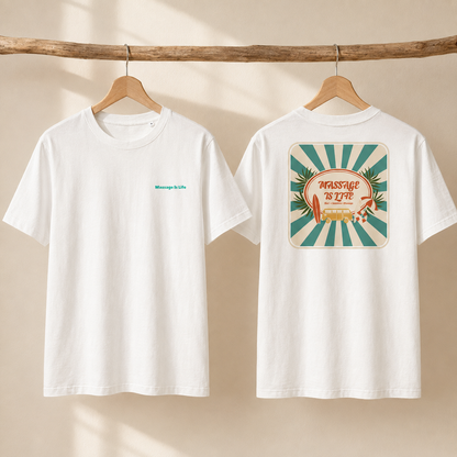 T-shirt blanc bio Massage Is Life, devant discret et dos graphique rétro surf-santé-bien-être