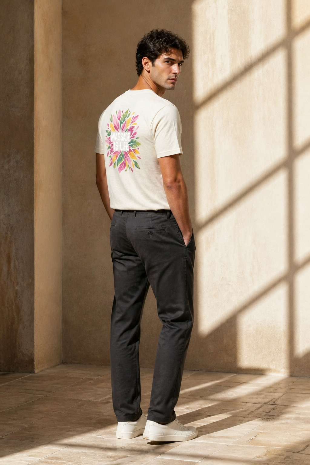 T-shirt bio Massage Is Life à motif floral dos, style lifestyle bien-être