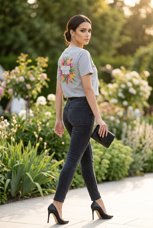 T-shirt bio gris avec imprimé 'Massage Is Life' et fleurs colorées, porté en extérieur dans un jardin