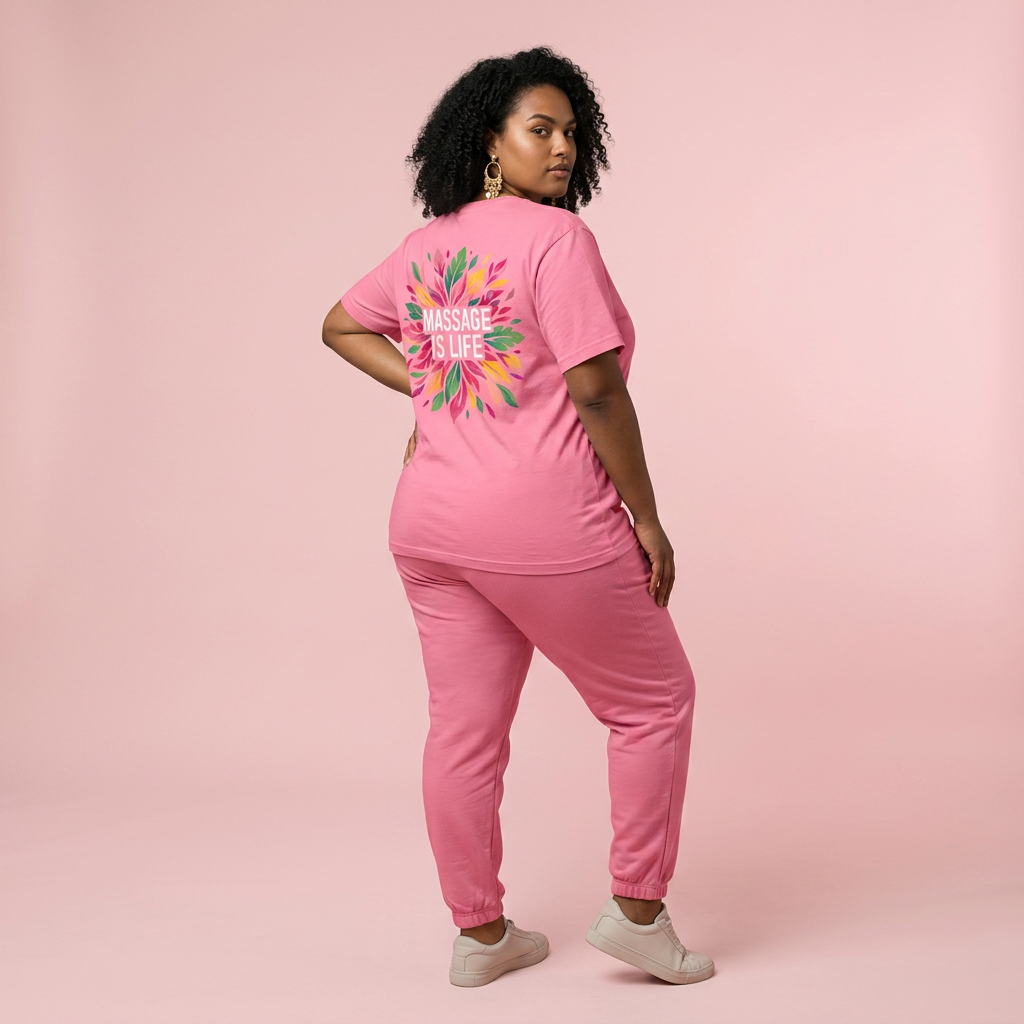 T-shirt rose bio Massage Is Life avec imprimé floral, style bien-être et confort doux