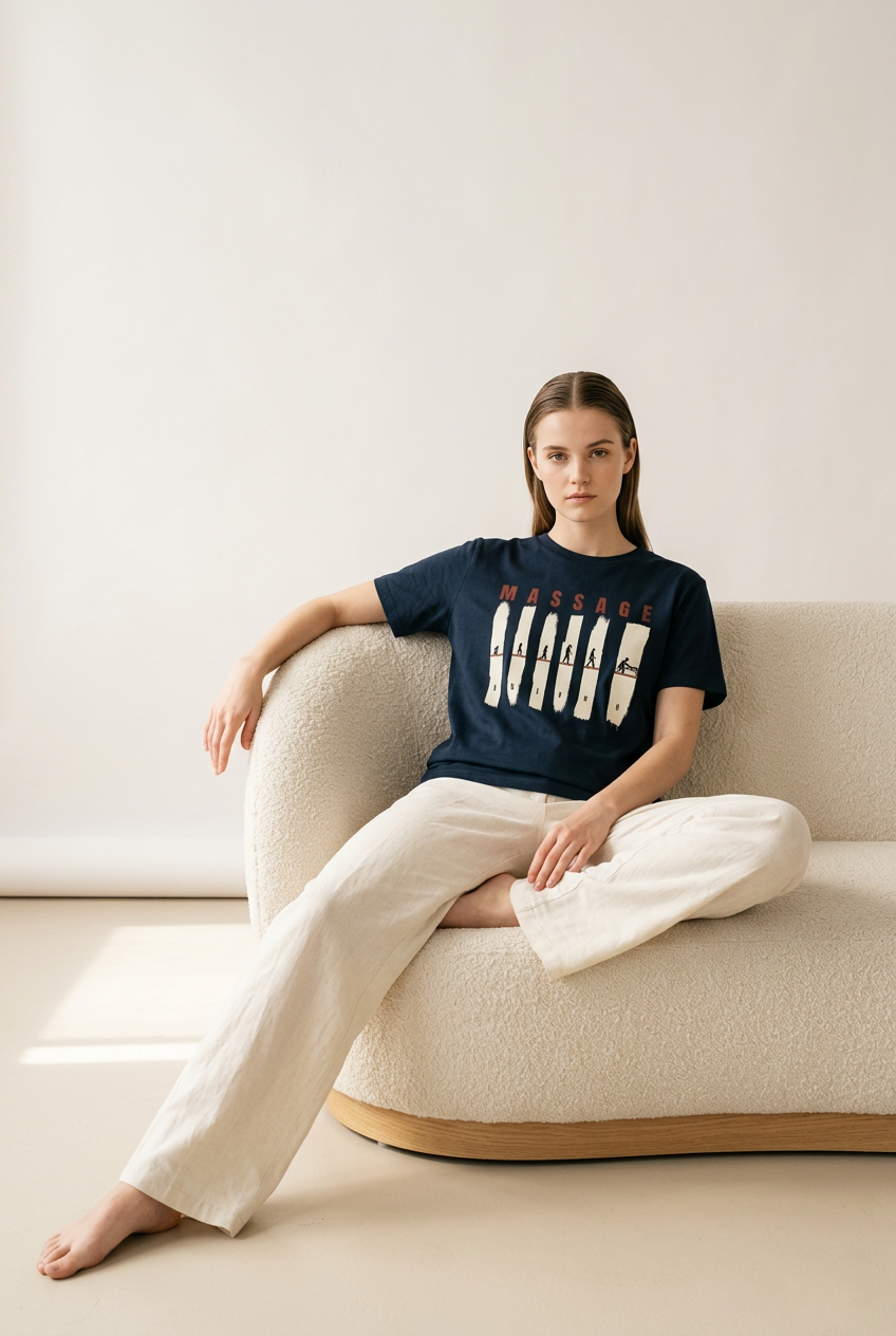 T-shirt bleu Massage Is Life bio, imprimé massage, porté avec pantalon lin clair sur canapé doux