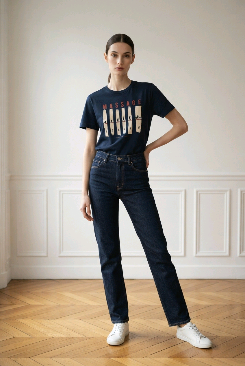 T-shirt bleu marine bio 'Massage Is Life' avec imprimé graphique, porté avec jeans et baskets blanches