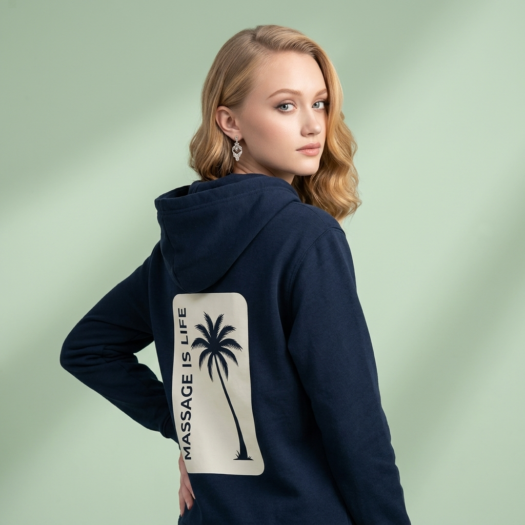 Sweat à capuche bio Massage Is Life avec palmier, style bien-être et lifestyle doux