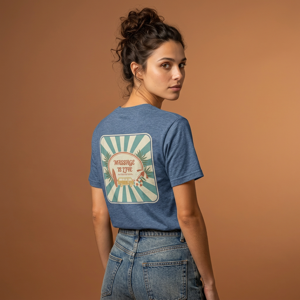 T-shirt bio Massage Is Life avec design rétro et palmiers, style bien-être doux