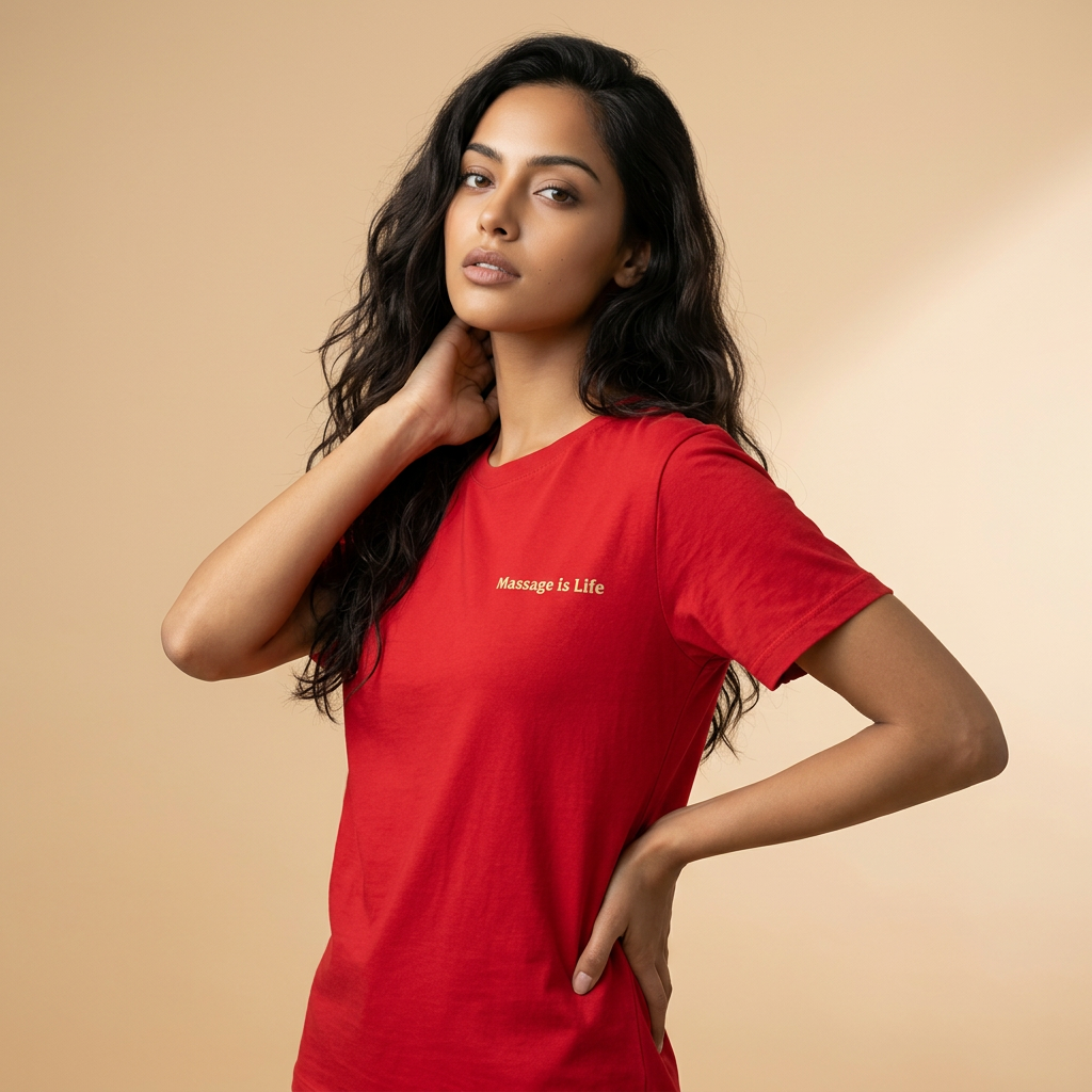 T-shirt rouge bio Massage is Life, design doux et lifestyle pour le bien-être