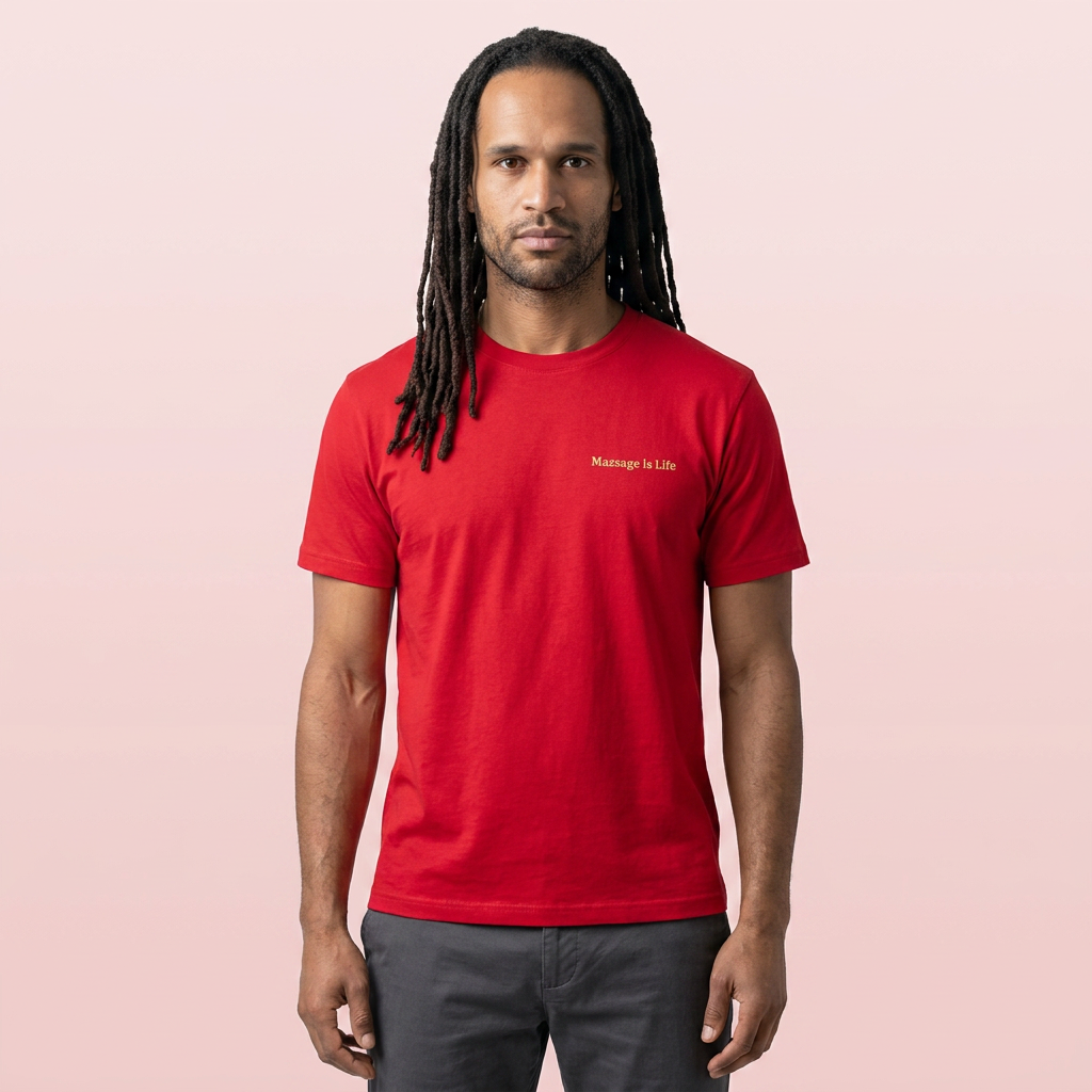 T-shirt rouge bio Massage Is Life, col rond, imprimé discret, style lifestyle bien-être