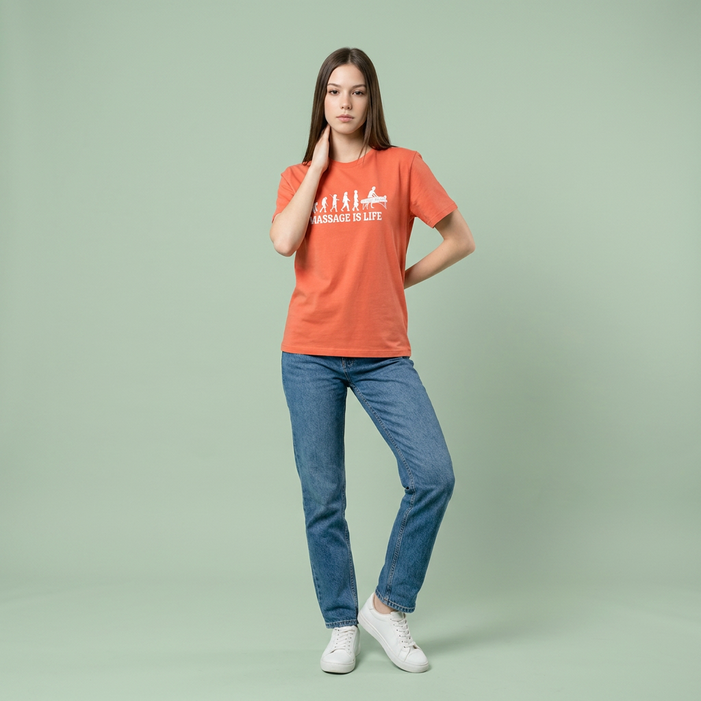 T-shirt orange bio Massage Is Life avec imprimé évolution vers le massage, style bien-être et lifestyle