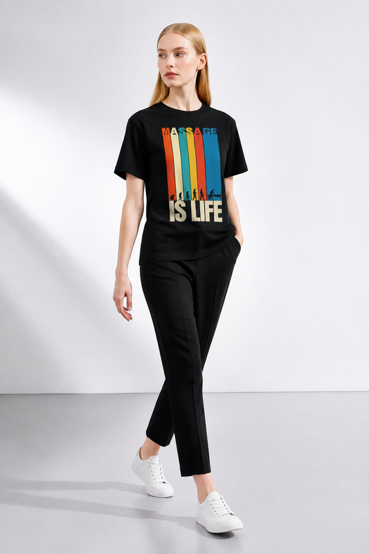 T-shirt noir bio Massage Is Life avec imprimé rétro multicolore, style lifestyle bien-être
