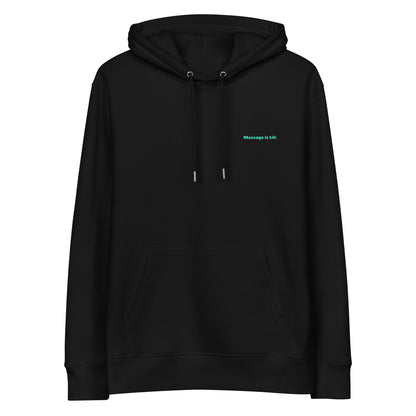 Sweat à capuche noir bio avec inscription 'Massage is life' en vert clair, style lifestyle bien-être.